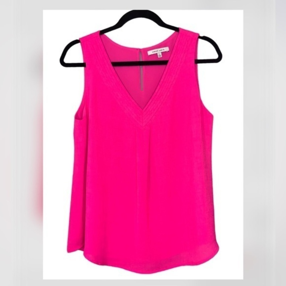 Naked Zebra Hot Florescent Pink Pleated V Neck Sleeveless Lined Summer Blouse Lg